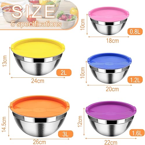 SaiXuan Lot de 5 Bol Acier Inoxydable avec Coloré Couvercles,Bol À Soupe, Saladier,Bol à Céréales, Bol À Dessert,Snack Bol,Bols à Mélanger Cuisson Essentiel Ustensiles de Cuisine - Nail Gallerys