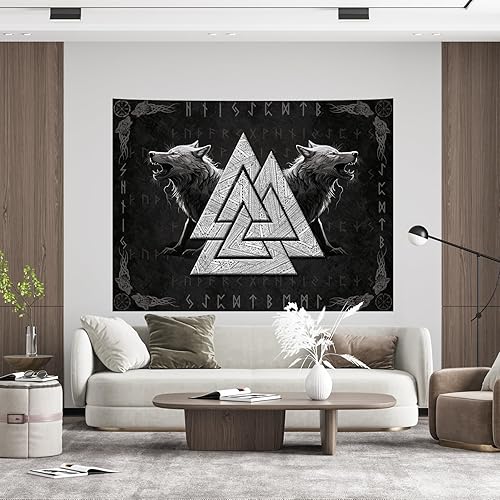 WIERAEM Tapisserie murale viking, totem de loup noir et blanc, motif runes de méditation, mythologie nordique, viking, décoration murale pour chambre à coucher, salon, décoration murale (180,7 cm x - Nail Gallerys
