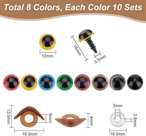 PH PandaHall 80 Ensembles Yeux de sécurité 10mm Fabriquer des Yeux avec des Boucles pour paupières 8 Couleurs Yeux d'animaux en Peluche Yeux au Crochet avec rondelles pour marionnette Amigurumi - Nail Gallerys