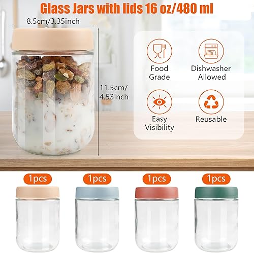 VINATO Lot de 4 Bocaux en Verre Hermétiques 480ml avec Couvercles, Bocal en Verre avec Couvercle, Pots Yaourts avec Couvercle, Overnight Oats Jar, Récipients Alimentaires Empilables - Nail Gallerys