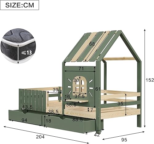 Seyakany Lit Cabane Enfant 90x200cm avec 2 Tiroirs de Rangement, Lit Montessori avec Toit et Fenêtre, avec Rebord de fenêtre en Bois, Clôture à Quatre côtés, Structure en Pin + MDF, Vert+Naturel - Nail Gallerys