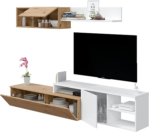 Habitdesign Ensemble Salon Réversible, Meubles de Salon, Modules de Salle à Manger, Modèle Julia, Finition Chêne Nodi et Blanc Artik, Dimensions : 221 cm (Largeur) x 44 cm (Hauteur) 40 cm (Bas) - Nail Gallerys