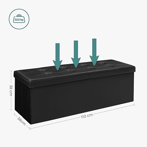 SONGMICS Banc de Rangement Pliable, Coffre avec Couvercle Rabattable, Tabouret, Bout de lit, Volume 120L, Charge Statique maximale 300 kg, 110 x 38 x 38 cm, Noir LSF75BK - Nail Gallerys