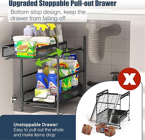 Housolution Rangement sous Évier Coulissant en Métal, 2 Niveaux Étagère sous Évier de Cuisine avec Tiroirs Coulissant, Organisateur sous Évier pour Placard de Cuisine, Noir - Nail Gallerys