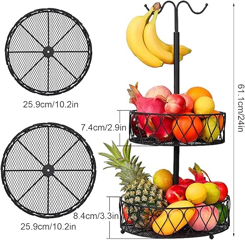 ZHDOKA Corbeille à fruits à 2 niveaux, bol à fruits en métal noir avec cintre à banane, panier à pain, support à fruits, plateau à fruits pour pain, oignons, pommes de terre - Nail Gallerys