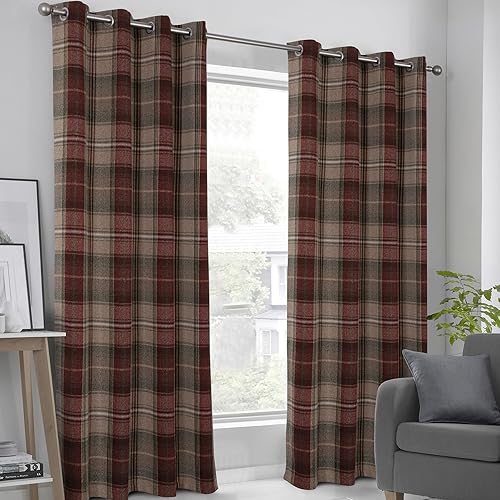 always4u Rideau à Carreaux 100% Occultant Isolation Thermique avec Oeillets Lot de 2 L140xH245cm Double Rideaux en Faux Laine pour Chambre Salon, Vintage, Rouge Foncé - Nail Gallerys
