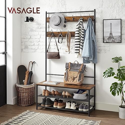 VASAGLE Porte-manteau sur Pieds, Meuble EntrÉe, Vestiaire Industriel, avec Banc À Chaussures, 11 Crochets, ÉtagÈres RÉglables, pour EntrÉe, Couloir, Chambre, Marron Rustique et Noir HSR410B01 - Nail Gallerys