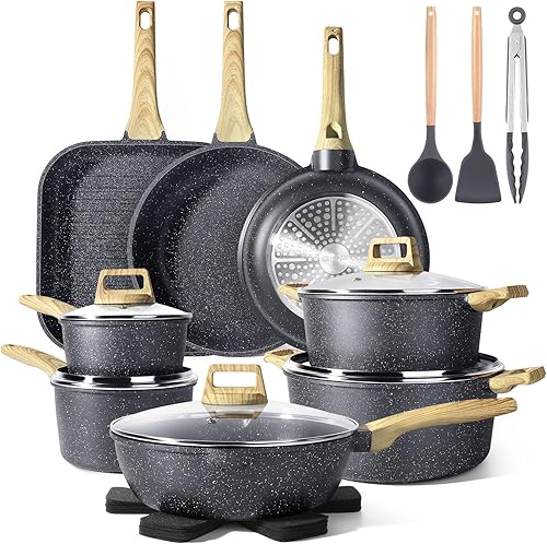 GiPP Lot de 21 Casseroles et Poêles, Batterie de Cuisine avec Revêtement AntiadhéSif en Granit, Sans PFOA/PFOS, Poêle/Wok/Poêle Grill/Poêle à Omelette/Marmite/Faitout pour Gaz Induction, Gris - Nail Gallerys