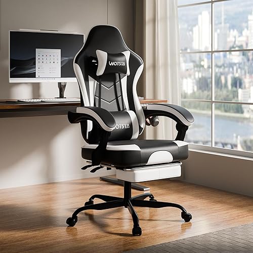 WOTSTA Chaise Gaming Racing, Siege Gaming Repose-Pieds Rétractable, Fauteuil Gamer avec Massage Lombaire, Fauteuil Bureau Ergonomique Confortable, Dossier Inclinable à 135°, Charge 120 kg - Nail Gallerys