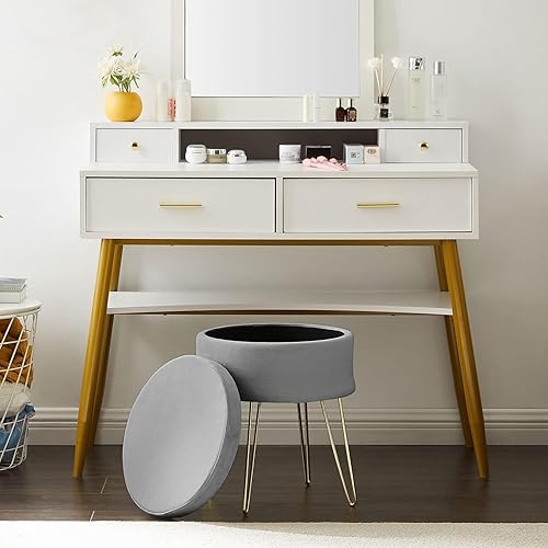 Madera Nieve Tabouret Rond pour Coiffeuse, Ottoman Rembourré avec Housse Amovible et Support en Métal (Beige) - Nail Gallerys