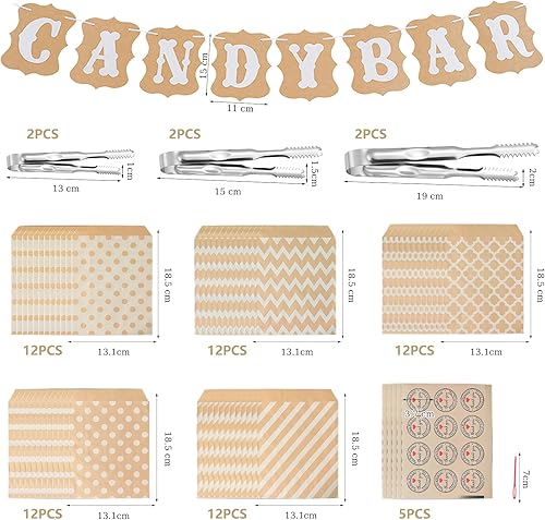 GOTFUN Lot de 72 accessoires de bar à bonbons - Contient 60 sachets de bar à bonbons et 6 pinces à sucre, 5 autocollants et 1 guirlande décorative de bar à bonbons - Kit de décoration pour buffet, - Nail Gallerys