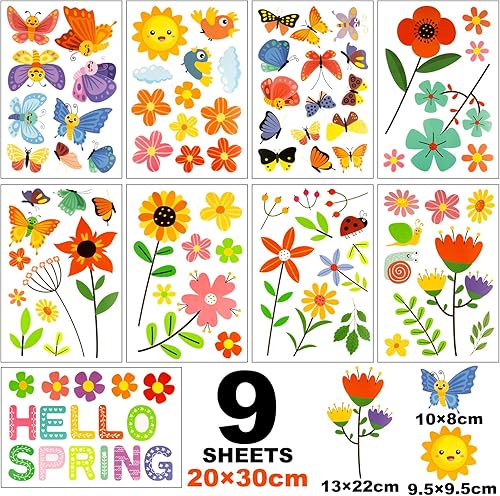 9 Feuilles Autocollants Stickers de Fenêtre Printemps Fleur Papillon Feuille Soleil Auto-Adhésif avec l’Eau Décoration Vitres Fenêtres Réutilisable pour Maison Boutique Fête Mariage Anniversaire - Nail Gallerys