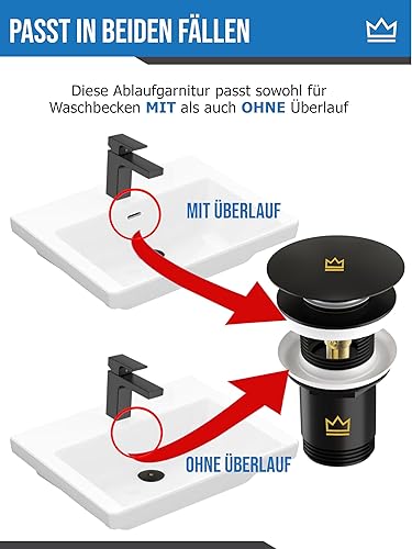 FEINER® Bonde de lavabo universelle - Noir mat - Convient pour lavabos et lavabos avec et sans trop-plein - Bouchon amovible avec attrape-cheveux - Joints et instructions de montage inclus - Nail Gallerys