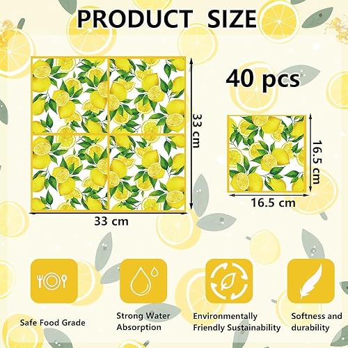 Glamifyr Lot de 40 serviettes de table au citron parfaites pour les anniversaires, les fêtes, les mariages, les communions et les célébrations, serviettes motif citron, serviettes d'été, 33 x 33 cm - Nail Gallerys