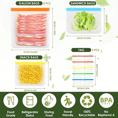 20 Pièces Sac Congelation Reutilisable en Silicone 3 Tailles Sacs Nourriture Silicone PEVA avec Zip PEVA Conservation Légumes Fruits Viande Poissons et Pain Pour Congélateur et Sandwich 20 Etiquettes - Nail Gallerys