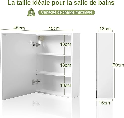 Lvhecforhm Armoire Miroir de Salle de Bain avec LED, Armoire Pharmacie Salle de Bain avec Rangement et Portes Miroir, Blanc Armoire de Salle de Bain Murale 60x45x15cm pour Salon, Salle de Bain - Nail Gallerys