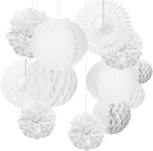 Pompom Papier Soie, Lampion Papier Blanc Ventilateur Papier pour Décoration Mariage Anniversaire Fête Baptême Enfants - Lot de 12 - Nail Gallerys