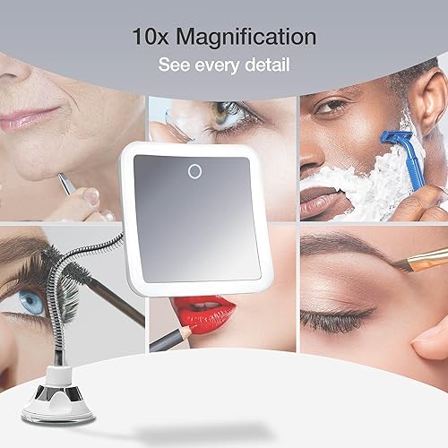 Fancii 10x Miroir Grossissant Flexible avec 3 Réglages de Lumière LED, Rechargeable - Miroir de Maquillage Éclairé avec Col de Cygne pour Salle de Bain, Fixation par Ventouse (Mira 2 Plus) - Nail Gallerys