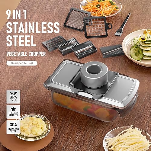Coupe Legumes, Coupe de légumes de mandoline en acier inoxydable 12 en 1, Coupe de légumes avec conteneur, Coupe de salade, Coupe de carotte et d'ail, Oignon et fruits - Nail Gallerys
