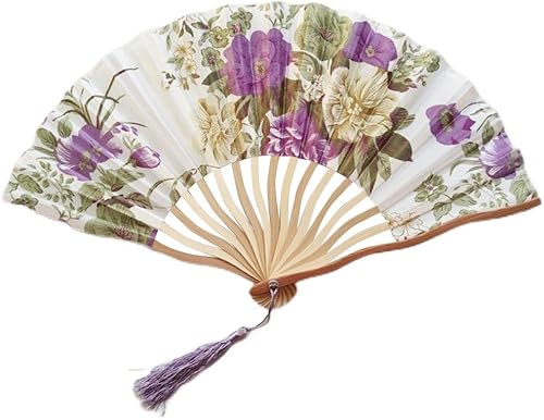 Éventail pliable Éventail à main en tissu à fleurs chinoises Manche en bambou Éventail mural Style chinois Avec pompons pour décoration murale et cadeaux - Nail Gallerys
