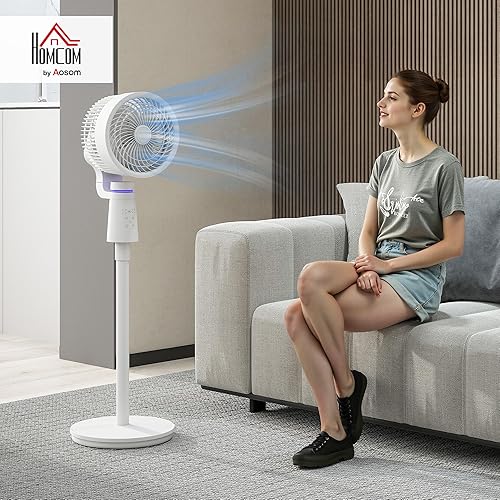 HOMCOM Ventilateur sur pied 40 W ventilateur circulateur d'air portable et léger, oscillation réglable à 70°+90°, télécommande, minuterie 7H, 3 vitesses, pour chambre, maison ou bureau, blanc - Nail Gallerys
