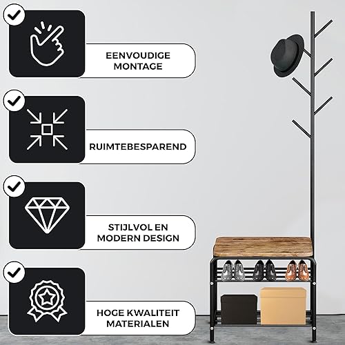 Bayt Portemanteau avec Banc à Chaussures – Porte-Manteau sur Pied 171 cm – Rangement Vestiaire avec 6 Crochets – Blanc - Nail Gallerys