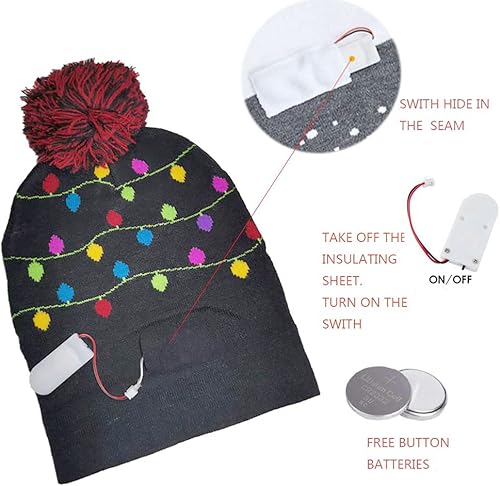 DITK-U Unisexe laid LED chapeau de Noël coloré lumineux tricot père Noël chandail Fête de Noël bonnet avec 6 lumières - Nail Gallerys