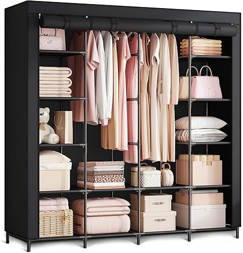 Massido Armoire en Tissu Pliable Stable à 14 étagères avec Housse de canapé et Structure en Acier Noir 170 x 45 x 170 cm - Nail Gallerys