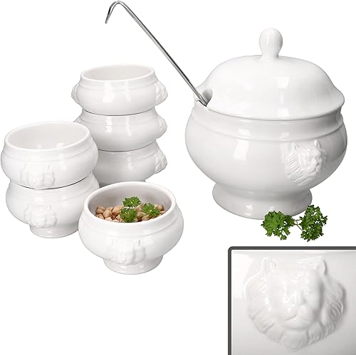 MamboCat Leo Lot de 7 bols à soupe en forme de tête de lion avec ou sans couvercle I 6 x 0,25 l et 1 x 2 l I Bol à soupe blanc avec têtes de lion pour soupe et ragoûts - Nail Gallerys