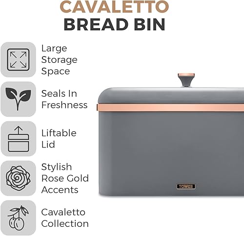 TOWER T826130BLK Cavaletto Poubelle à Pain en Acier au Carbone, Couvercle Amovible, Noir et Or Rose - Nail Gallerys