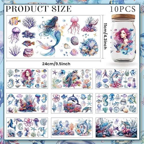 GOMAKERER 10 feuille D'Autocollants de Transfert UV DTF pour Emballage de Tasse Autocollants à Frotter Sur le Thème Marin en PVC Imperméable à Repasser pour Bouteilles Bricolage Boissons Confitures - Nail Gallerys