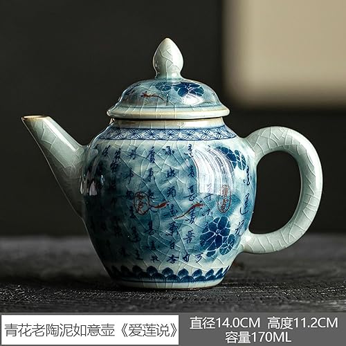 Théière chinoise ancienne argile bleue et blanche poésie théière, vaisselle en céramique rétro glacée thé - pot - Nail Gallerys