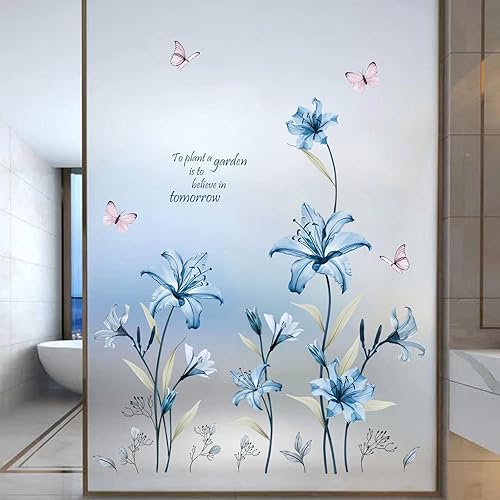 wondever Stickers Muraux Fleurs Bleues Autocollants Muraux Mural Stickers Floral Lys Papillon pour Chambre Salon Fenêtre - Nail Gallerys