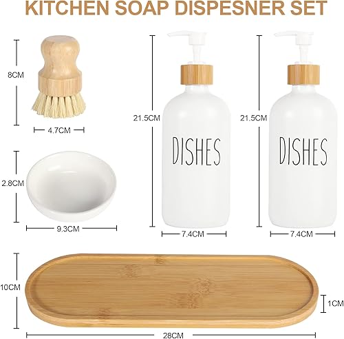 Mifxin Lot de 2 distributeurs de savon en verre avec plateau et brosse à vaisselle en bambou, distributeur de savon pour les mains, 473,6 g, ensemble de cuisine, bouteille à pompe à savon à vaisselle - Nail Gallerys