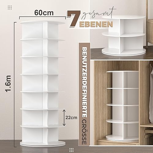 HIZH Étagère à chaussures rotative blanche - Carrousel à chaussures rond à 7 niveaux - Armoire à chaussures verticale rotative à 360° - Pour jusqu'à 21 paires de chaussures - Nail Gallerys