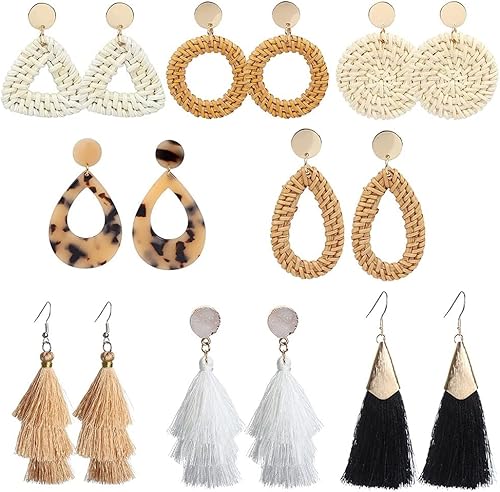 8 Paires Boucles d'oreilles en Rotin Boho-La Main Légère Géométrique Déclaration De Paille en Osier Tresse Hoop Baisse Balancent Boucles d'oreilles pour Les Femmes Filles - Nail Gallerys