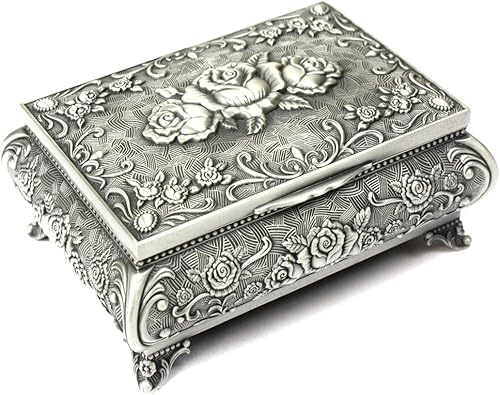 HS Boîte à Bijoux Ancienne Argent - Boite Vintage en Métal Style Floral pour Colliers & Bagues - Coffret de Rangement a Bijoux Design avec Doublure Douce Effet Velours - Nail Gallerys