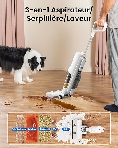 Proscenic Aspirateur Laveur sans Fil, Eau et Poussière, Balai sans Fil Humide et Sec,1.15L Réservoir,Autonettoyant,30 Mins Pour Nettoyer Les Saletés Collantes,Sols Durs - Nail Gallerys