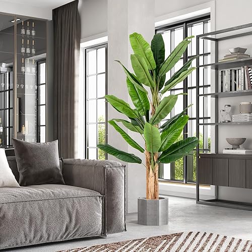 COSTWAY Plante Artificielle Tiges Triples, Fausse Plante de Bananier avec 27 Grandes Feuilles Plante Verte en Pot, Décoration Palmier d'Intérieur pour Bureau Maison Jardin (195 CM) - Nail Gallerys
