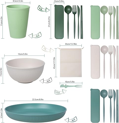 RHM Lot de 45 couverts de camping pour 4 personnes - Assiettes et bols de camping incassables - Légers - Vert - Pour camping, pique-nique, camping-car, mariage, HK-XMJG03 - Nail Gallerys