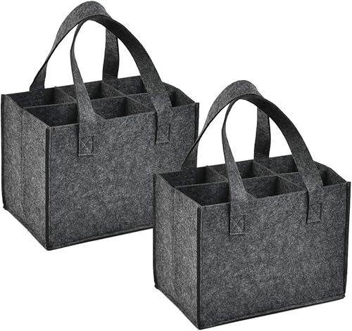 CENBEN 2 Pcs Sac à Vin en Feutre Épais avec Poignée, Sac de Rangement en Feutre pour Bouteille de Vin, 6 Compartiments, Réutilisable Lavable avec Diviseur Amovible - Gris Foncé 24 x 16 x 16 CM - Nail Gallerys