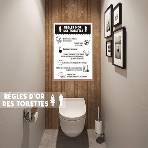 EASTJOY Tableau des Règles des Toilettes, Règles d'Or des Toilettes, Décoration WC, Affiche à Suspendre, avec Porte-Affiche en Teck, Cadeaux Créatifs, DIN A2 (60 x 40 cm) - Nail Gallerys