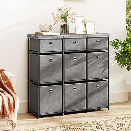 COSTWAY Commode Tissu Tiroirs, Commode Chambre Rangement Cubique, Plateau Bois, Cadre en Métal, Montage Facile, pour Cuisine, Bureau, Couloir (9 Tiroirs,Gris) - Nail Gallerys