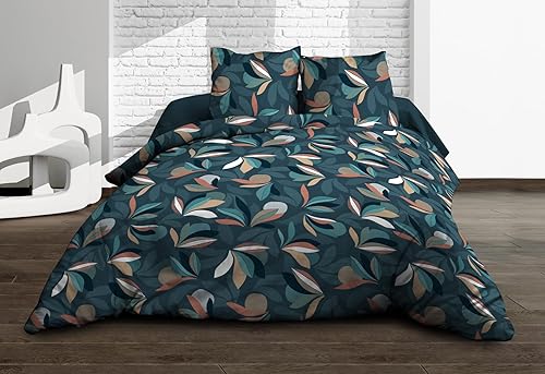 Le linge de Jules Parure Drap Plat + Drap-Housse 140x190 + 2 T - Pur Coton 57 Fils - Lena, Bleu - Nail Gallerys