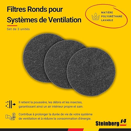 Steinberg14 Filtres Ronds en Polyuréthane pour Système de Ventilation - 3 Unités Filtres à Air - 100mm Filtre à Poussière - Filtre Lavable pour Unité de Récupération de Chaleur - Nail Gallerys