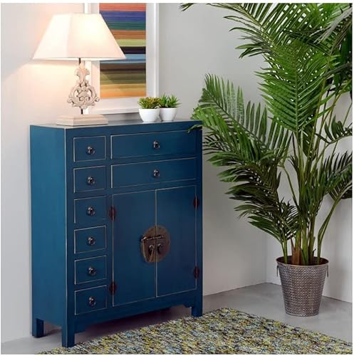 Meuble d'entrée 2 Portes, 8 tiroirs Bleu Meuble Chinois - Pekin - L 73 x l 26 x H 90 cm - Neuf - Nail Gallerys