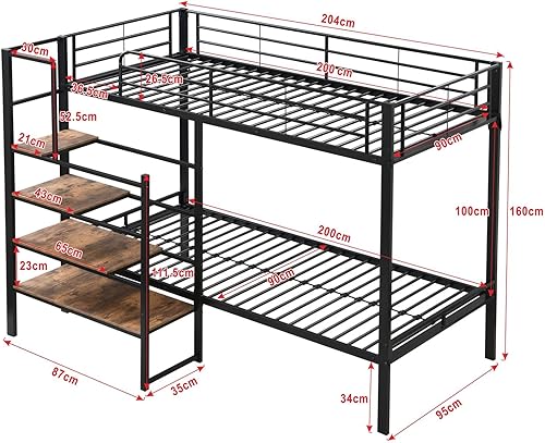 PUGSDRLY Lit Superposé Enfant 90x200cm,Lit Superposé 2 Places avec étagères Escabeau,Lit Mezzanine 2 Places,Lit Superposés pour Adolescent et Enfant,Cadre de Lit en Fer Noir - Nail Gallerys