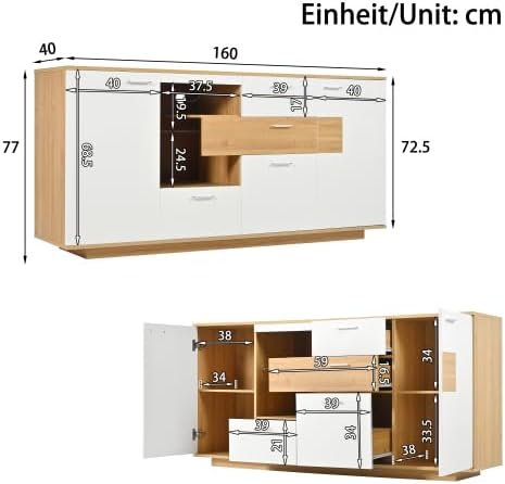Générique Buffet Bas avec éclairage LED,2 Portes, 4 tiroirs, étagère en Verre,Armoire de Salon Moderne,160x40x77cm,Blanc - Nail Gallerys