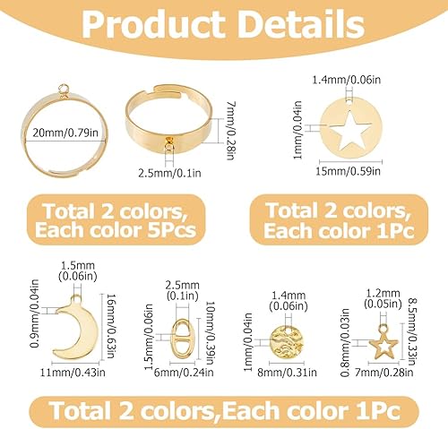 Hobbspring Ensemble Bagues Comprenant 4 anneau Réglable en Acier Inoxydable 6 étoiles et Éclairs et 2 breloques Rondes Plates 60 anneaux Ouverts Couleur Dorée et Acier Inoxydable Anneau de Manchette - Nail Gallerys