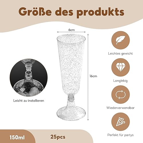 YWKJDDM Lot de 25 flûtes à champagne argentées à paillettes - Réutilisables - En plastique - Pour jardin, anniversaire de mariage, douche, fête (150 ml) - Nail Gallerys